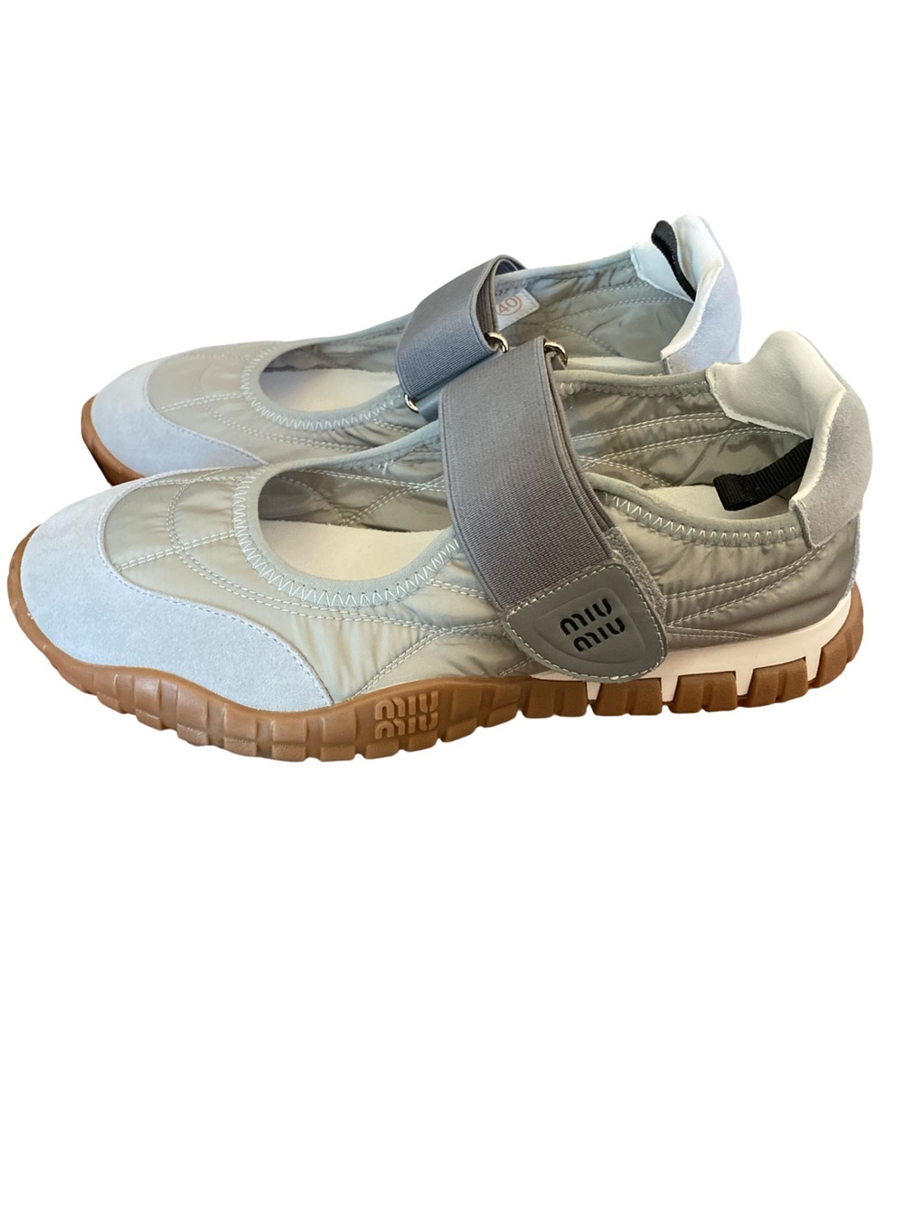 Miu Miu womens’ Grey Suede and Nylon Low-Top Sneakers with Gum Sole 40 fits 8.5